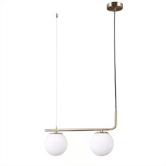 Lustra suspendata, 2 globuri sticla alba, dulie 2 x E27, culoare corp auriu, inaltime reglabila maxim 1M
