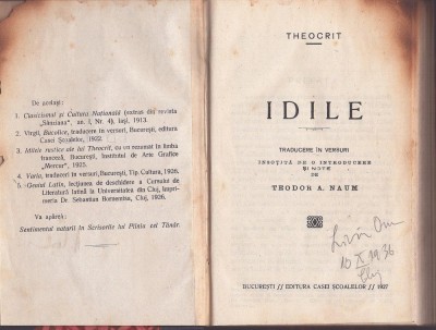 C8405N Idile de Theocrit, traducere &amp;icirc;n versuri &amp;icirc;nsoțită de de o introducere și note de Teodor A Naum, 1927 foto