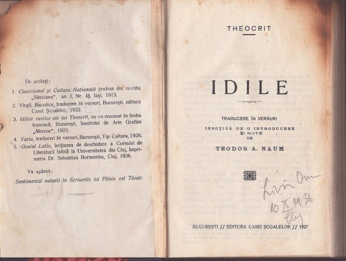 C8405N Idile de Theocrit, traducere &icirc;n versuri &icirc;nsoțită de de o introducere și note de Teodor A Naum, 1927