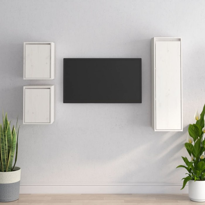 vidaXL Comode TV, 3 buc., alb, lemn masiv de pin