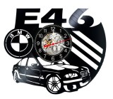 Ceas de perete decorativ realizat din disc de vinil, Model BMW E46 Sedan Sigla Auto Dungi M Power, Negru, 30 cm