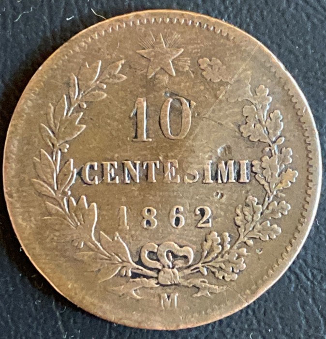 10 CENTESIMI(,,M&quot;)1862 - VICTOR EMMANUEL II/BRONZ,30mm. / 10 g./MONEDA DIN POZE