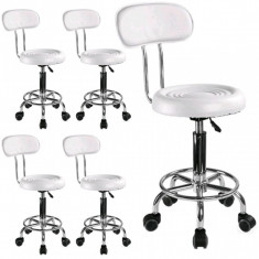 SET - 5x Scaun salon cu spatar si roti, Taburet rotativ, Piele ecologica, Alb foto