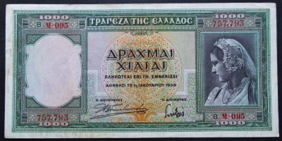 Bancnota istorica 1000 DRAHME - GRECIA anul 1939 * Cod 496 D (M 095 - 757793) foto