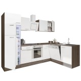 Mobilă de bucătărie de colț Yorki 280, corp din stejar Yorki, față alb satinat, element cuptor inferior, frigider congelator superior