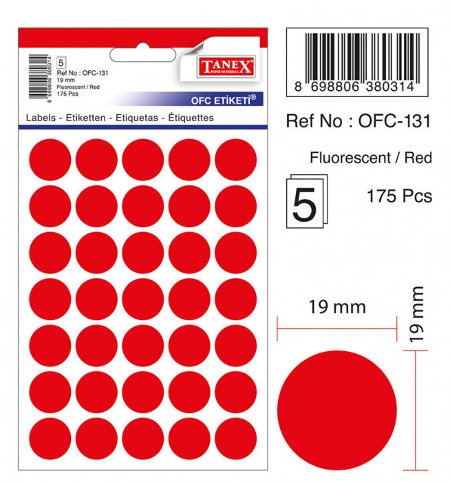 Etichete Autoadezive Color, D19 Mm, 175 Buc/set, Tanex - Rosu