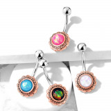 Piercing pentru buric, din oțel - floare in filigran cu opal sintetic, diverse culori - Culoare: Alb