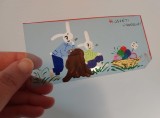 Felicitare vintage pictata pe celuloid - Husveti &Uuml;dv&ouml;zlet (Paste Fericit) - Iepurasi si oua colorate - Arta grafica retro 12x5.5cm