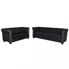 Canapea Chesterfield cu 2 și 3 locuri, piele artificială, negru