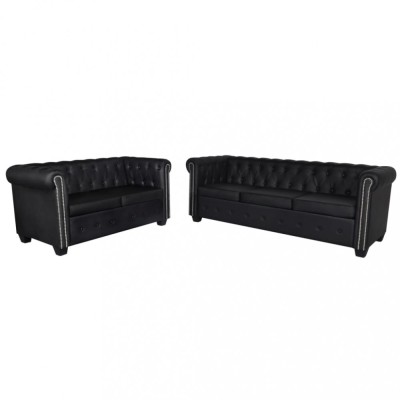 Canapea Chesterfield cu 2 și 3 locuri, piele artificială, negru foto
