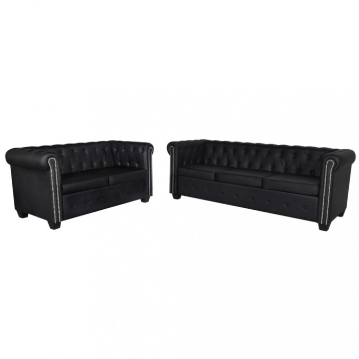 Canapea Chesterfield cu 2 și 3 locuri, piele artificială, negru