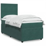 VidaXL Pat box spring cu saltea, verde &icirc;nchis, 90x200 cm, catifea