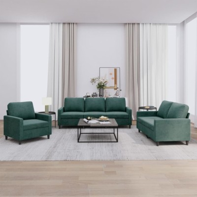 vidaXL Set de canapele cu perne, 3 piese, verde &amp;icirc;nchis, catifea 3201478 foto