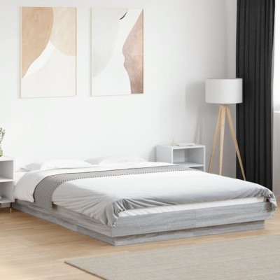 vidaXL Cadru de pat cu LED, gri sonoma, 135x190 cm, lemn prelucrat foto