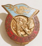 INSIGNA INTRUNIREA BILATERALA PENTRU PACE ARAD SZEGED I956 RPR EMAIL CALD DIAMETRUL 21 MM ( CITITI DESCRIEREA -ENUNTUL )