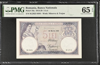 5 lei 1920 PMG65 UNC bancnota gradata foto