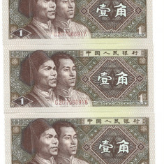 China lot 5 bancnote 1 Jiao 1980 UNC, serii consecutive