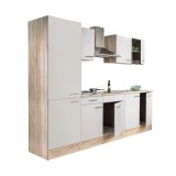 Mobilier de bucătărie Yorki 270, cu corp din stejar Sonoma, fațade albe cu finisaj satinat și dulap cu rafturi, fără blat de lucru