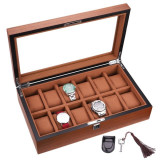 Cumpara ieftin Cutie caseta din lemn pentru depozitare si organizare 12 ceasuri, model Pufo Elite Edition cu cheita, maro