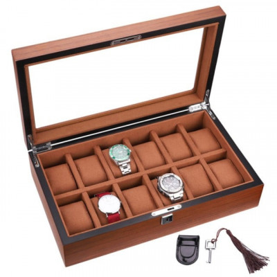 Cutie caseta din lemn pentru depozitare si organizare 12 ceasuri, model Pufo Elite Edition cu cheita, maro foto