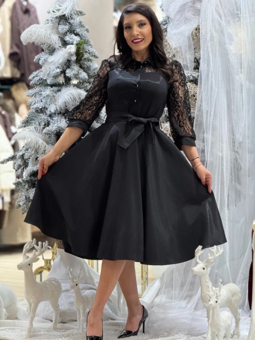 Rochie dama neagra din tafta cu maneci din dantela