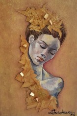 Tablou nou, pictura moderna ulei si mix media-GOLDEN SILENCE-, pictor roman consacrat