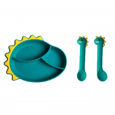 Set tavita cu trei compartimente si tacamuri din silicon - Dinozaur foto
