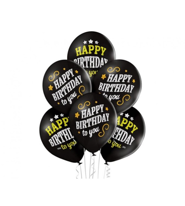 Set 6 baloane latex Happy Birthday to you D11, negru, 30 cm