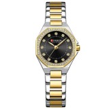 Ceas Dama CURREN 9100 Elegant cu Cadran Negru, Carcasa Aurie si Bratara Argintiu-Auriu , Stil Modern si Rafinament Clasic
