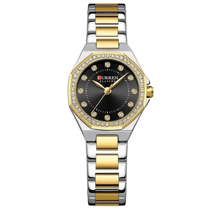 Ceas Dama CURREN 9100 Elegant cu Cadran Negru, Carcasa Aurie si Bratara Argintiu-Auriu , Stil Modern si Rafinament Clasic
