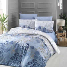 Lenjerie de pat dubla King Size, Victoria, Nerissa, 6 piese, 100% bumbac satinat, tesatura Jacquard, albastru