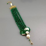 Cumpara ieftin Brățară Argint placat aur, Agat Verde Smarald &amp; Perle Cultură, Deluxe, Reglabilă 19-24cm, Damă, Handmade Italia