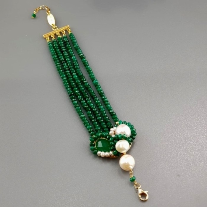 Brățară Deluxe din agat verde și perle de cultură