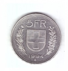 Moneda Elvetia 5 francs/franci 1994, stare buna, curata