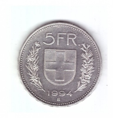 Moneda Elvetia 5 francs/franci 1994, stare buna, curata foto
