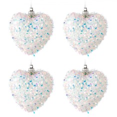 Set Ornamente Brad Crăciun, Inimi Albe Tinsel Holografic, 6cm, 4 Bucăți