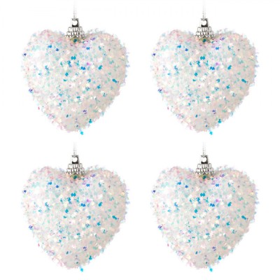 Set Ornamente Brad Crăciun, Inimi Albe Tinsel Holografic, 6cm, 4 Bucăți foto