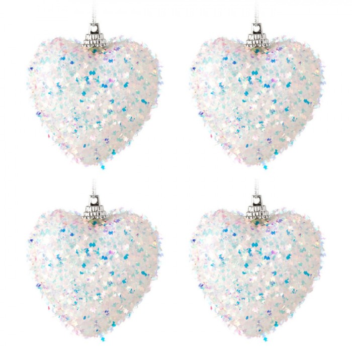 Set Ornamente Brad Crăciun, Inimi Albe Tinsel Holografic, 6cm, 4 Bucăți