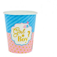 Pahare din Carton pentru Petrecerea Bebelusului Ciel Roz &quot;Girl or Boy?&quot; cu Folie 270ml - 6buc