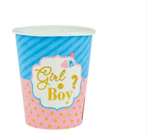 Pahare din Carton pentru Petrecerea Bebelusului Ciel Roz &amp;quot;Girl or Boy?&amp;quot; cu Folie 270ml - 6buc