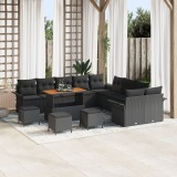 Set de canapea gradina de 13 piese cu pernute negru poliratan acacia, set de canapea gradina de 2 locuri cu pernute negru poliratan, set de masa si ca