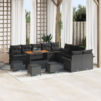 Set de sofa Gossi cu 13 piese si perne negre din ratan polimer acacia, sofa de gradina Gossi cu 2 locuri si perne negre din ratan polimer, set de dini foto