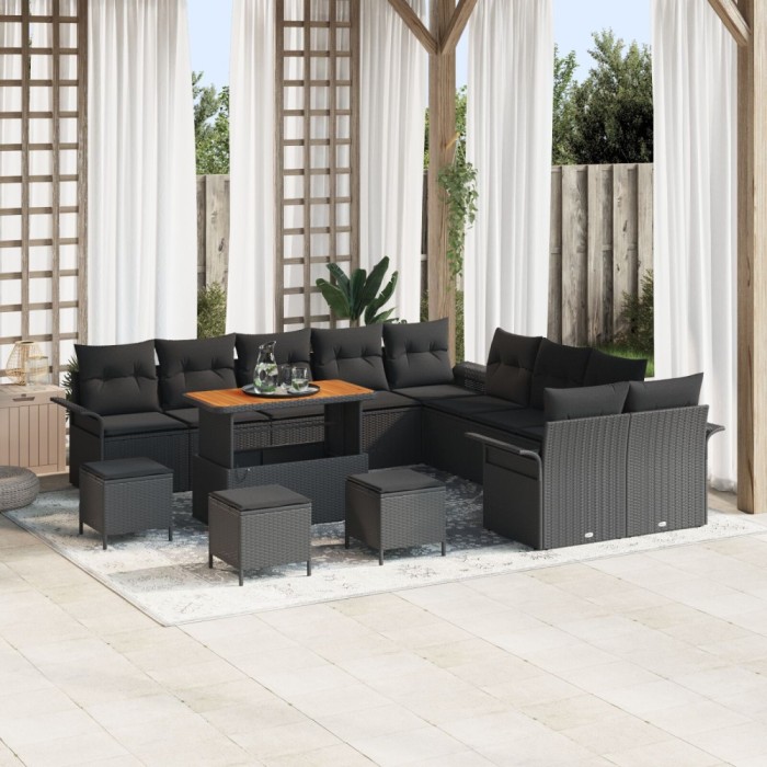 Set de sofa Gossi cu 13 piese si perne negre din ratan polimer acacia, sofa de gradina Gossi cu 2 locuri si perne negre din ratan polimer, set de dini