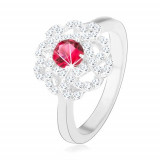 Inel realizat din argint 925, floare cu zirconiu roz &icirc;nchis și linii ondulate - Marime inel: 59