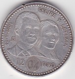 Moneda Argint Spania 12 Euro Prince Felipe &amp; Letizia Ortiz 2004 Comemorativă
