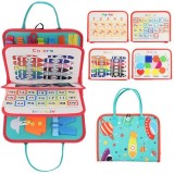 Carte senzoriala educativa montessori, flippy, cu activitati, dezvoltare abilitati motorii, 4 pagini, model spatiu cosmic, 28x22x7 cm, albastru