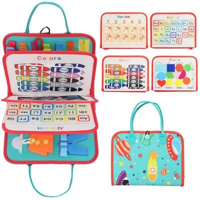 Carte Senzoriala Educativa Montessori, Flippy, cu Activitati, Dezvoltare Abilitati Motorii, 4 Pagini, Model Spatiu Cosmic, 28x22x7 cm, Albastru foto