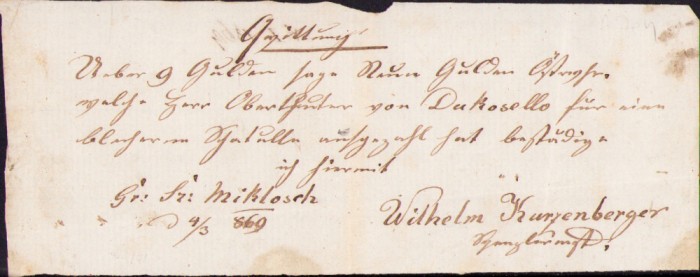 HST A253 Chitanță de m&acirc;nă 1869 S&acirc;nnicolau Mare Timiș Banat limba germană