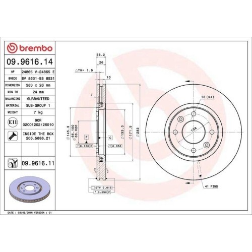 Set disc frana Peugeot 406 (8b) 08.95-01.05, 406 Break (8e/F) 10.96-10.04, 406 Coupe (8c) 03.97-02.05, Fata, 283X26mm, ventilat, BREMBO