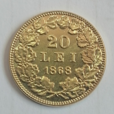 Replica după moneda de aur de 20 lei 1868 &amp;quot;polul lui Carol&amp;quot; foto
